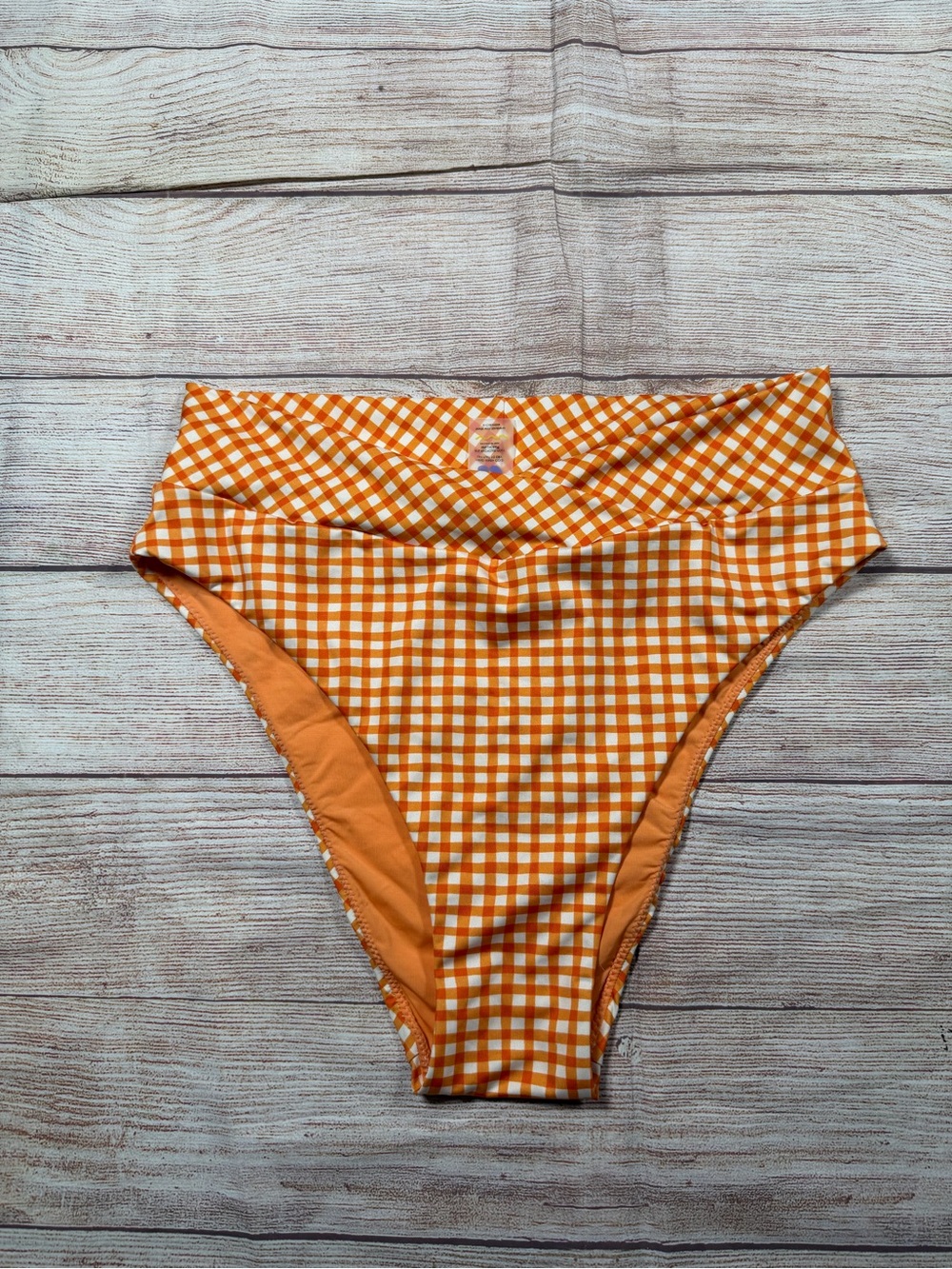 Kitty And Vibe High-Waist Orange Gingham Bikini Bottom‎